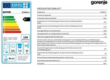 Gorenje D7465A++ Wärmepumpentrockner / A++ / 1.6 kWh / 7 kg  / Knitterschut / 15 Programme / weiß - 3